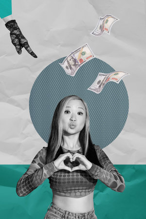 Zine image 3d poster collage of happy businessman businesswoman receive banknotes income success...