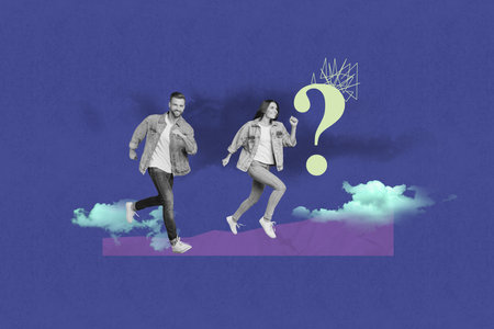 Contemporary poster art collage of happy girl guy stand question mark dilemma pondering brainstorm...