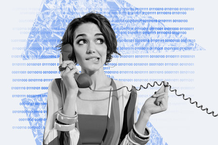 Composite photo collage of puzzled girl hold telephone handset cyberspace helpline call center...