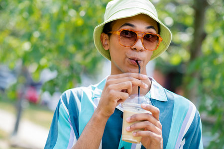 Young man enjoying iced coffee in urban park on a sunny day, wearing trendy styleの写真素材