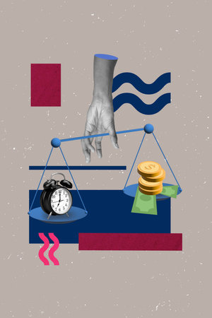Pop image collage of hand holding with scales clock coins banknote on grey background