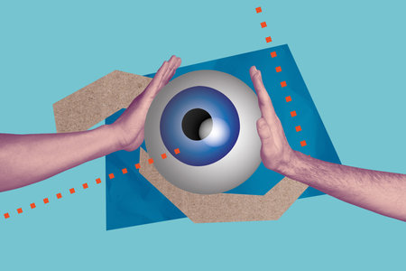 Creative artwork template sketch image 3D collage of optical eyesight focus vision nonverbal language hands gesture hold eyeball freemasonの写真素材