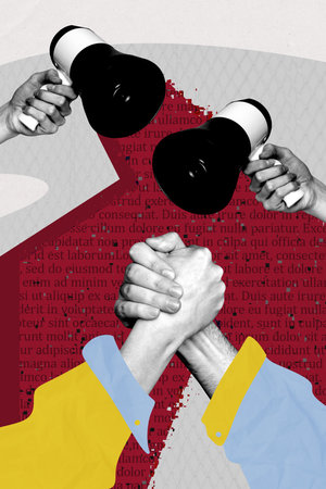 Collage poster template trend artwork sketch of body language symbol showing gesture support hand...