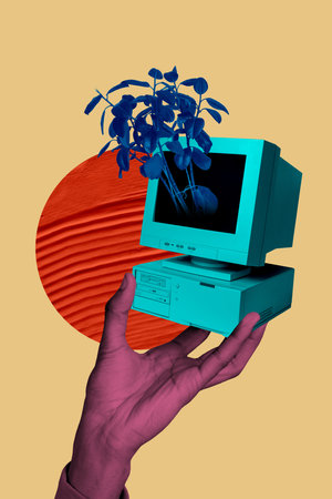 3D collage design composite trend artwork sketch of big size hand hold computer monitor retro style...