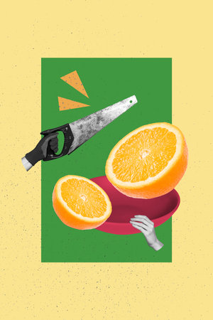 Exclusive image vertical photo collage of hands hold orange fruit half bowl citrus nutrition blade equipment cut tangerineの写真素材