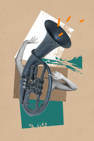 Trendy art creative vertical photo collage of anonym girl instead body music pipe orchestra...