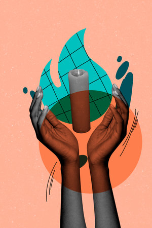 Art image creative photo collage of hands hold candle illumination light fire candlestick flicker enlightenmentの写真素材