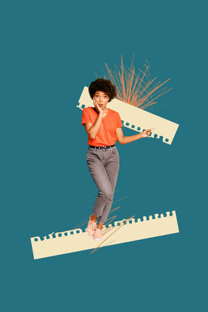 Collage of smiling young man woman girl guy in stylish outfit over notebook sheet with abstract elements on backgroundの写真素材