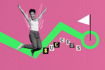 Composite art 3d creative image collage of happy businesswoman businessman run finish flagpole development statistics progressの写真素材