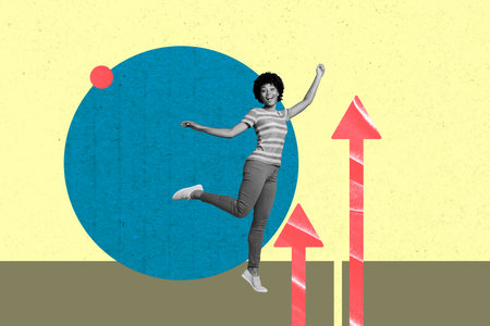 Image pop 3d zine full collage of happy businessman businesswoman stand arrow development career chance promotion employeeの写真素材