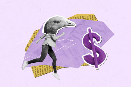 Surreal image collage of person with face run with dollars symbol on purple background
