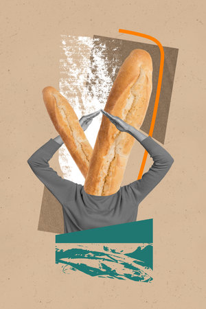 Exclusive artwork banner collage of anonym girl instead head loaf bread baguette grain dough nutrition customer purchaseの写真素材