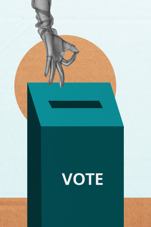 Pop zine sketch artwork collage of hand show election box container ballot president decision concept government rights choiceの写真素材