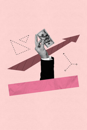 Creative art collage of hand showing cash on pink backgroundの写真素材