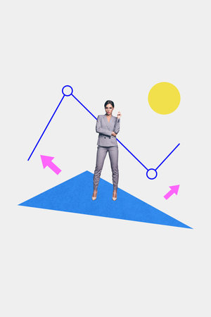Trendy vertical image photo art collage of happy businesswoman businessman receive arrow progress statistics career promotionの写真素材