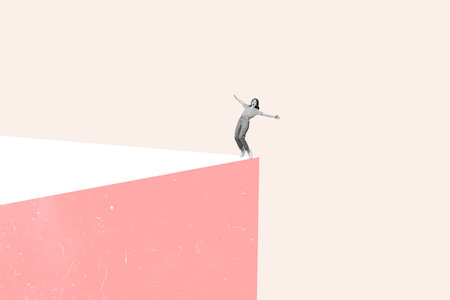 Trend template sketch design 3D photo collage of business hiring hr worker young lady scream face stand edge cliff balance solve problemの写真素材