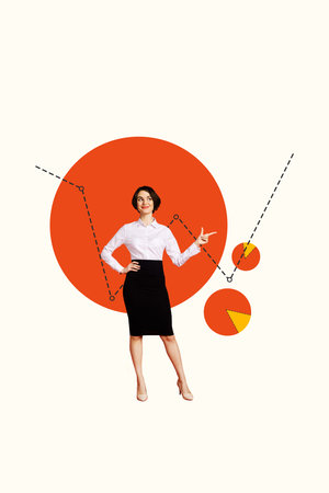 Creative design composite trend artwork collage of young lady stand finger point infographics analyzing trader target business successの写真素材