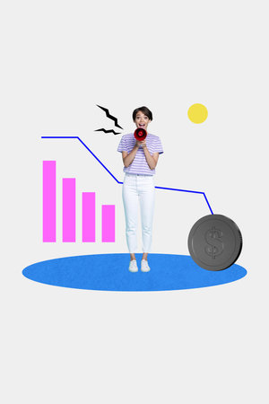 Pop banner trendy vertical photo collage of happy businesswoman scream megaphone chart stats progress coin incomeの写真素材