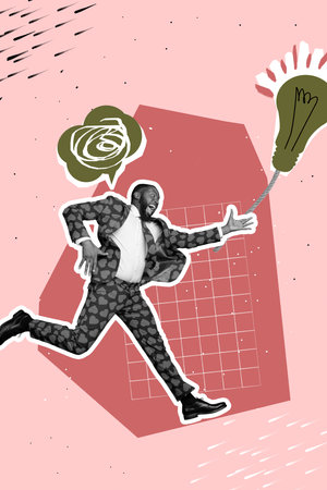 Vertical sketch image photo art collage of happy girl guy jump bubble communication light bulb idea finding dialogue chatterboxの写真素材