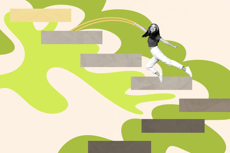 Composite artwork photo collage trend template of young lady walk up ladder confident recruitment workspace entrepreneur human resourcesの写真素材