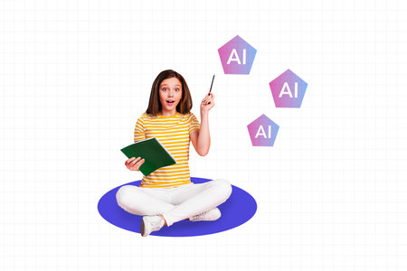 Template collage design trend artwork 3D sketch of young girl sit down artificial intellect academic autumn september education write noteの写真素材