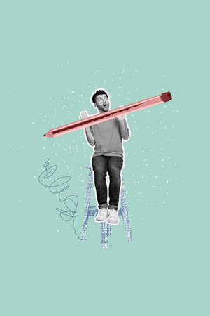 Vertical art creative zine photo collage of happy girl guy sit stool scribble hold pencil doodle artist handwriting artworkの写真素材