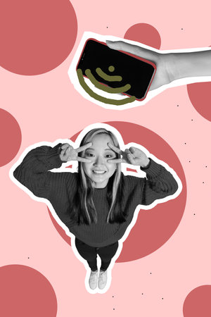 Sketch art 3d creative pop collage of happy girl sit phone device wifi connection fast 5g web internet networking hand hotspotの写真素材