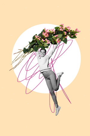 Composite artwork photo collage template sketch of young lady smile jump hand hold bouquet plant holiday season international woman dayの写真素材