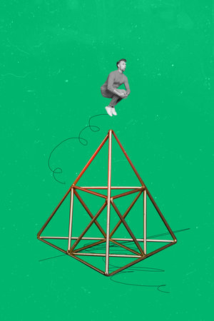 Composite image montage trend artwork 3D collage of hr occupation young man jump pyramid line construction career promotion solve problemの写真素材