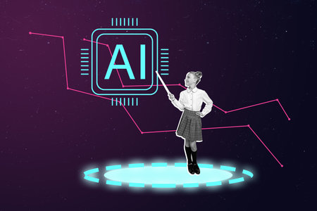 Creative design composite trend artwork collage of young girl stand point ai data application classroom education distance learn studyの写真素材