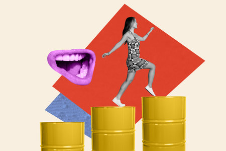 Template poster trend artwork 3D photo collage of oil barrel storage industrial resources young lady retro dress walk up mouth open talkの写真素材