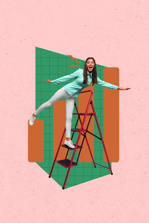 Zine pop image banner 3d photo collage of happy businesswoman businessman climb career ladder chart development statistics progressの写真素材