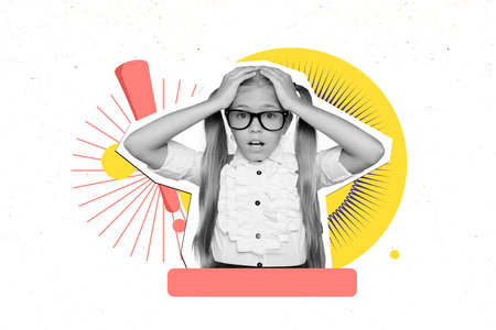 Collage poster template trend artwork sketch of young school girl shocked face hand hold head eyewear fall study education pupil coursesの写真素材