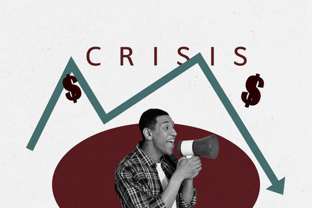 Composite image collage of inexperienced businesswoman businessman stand arrow decline dollar loss crisis inflation coinの写真素材
