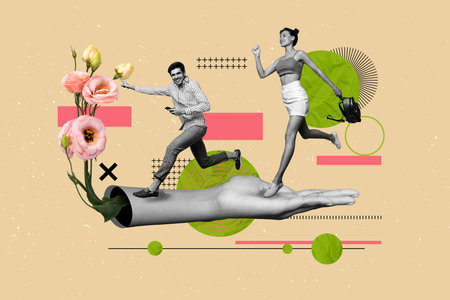 Picture art collage of person run stand on big human hand with flowers on yellow backgroundの写真素材