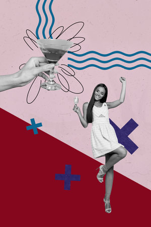 Pop image sketch 3d collage poster of happy girl hold cocktail toast celebration pub event chill disco party enjoy weekend handの写真素材