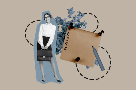 Trend artwork composite 3D photo collage design of profession workspace business hiring employment young lady stand plan list pin plantの写真素材