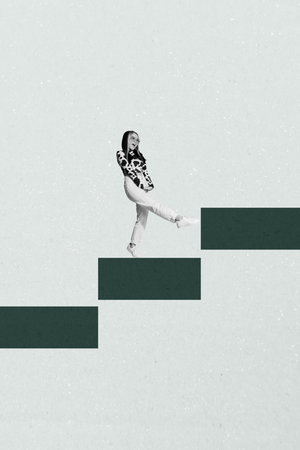 Pop zine sketch artwork collage of happy businesswoman stand career ladder development statistics goal achievement successの写真素材