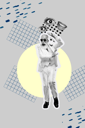 Pop zine sketch artwork collage of minded girl guy stand eyeball stare mouth talk gossip scribble third eye esotericの写真素材