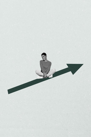 Image art pop 3d zine collage of happy man and woman stand arrow development career chance promotion employeeの写真素材