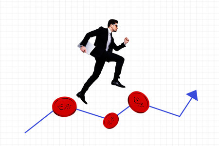 Template sketch trend artwork 3D photo collage of young man run hold laptop arrow graphics coins success goal business marketing financeの写真素材