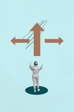 Vertical 3d zine photo collage of happy businessman businesswoman stand arrow development career...