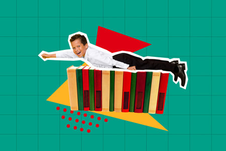 3D photo collage template trend artwork composite of silhouette young boy fly pose pile book libraly...