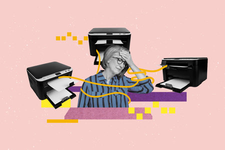 Poster art collage of person feel headache surround office device on pink background