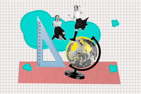 Template collage design trend artwork 3D sketch of map globe geography two young girl jump academic elementary autumn september educationの写真素材