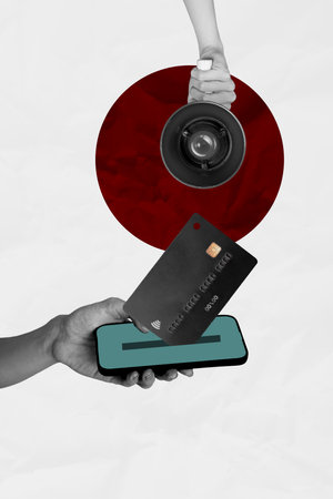 Sketch vertical photo pop collage of hands hold phone credit card transaction payment contactless...