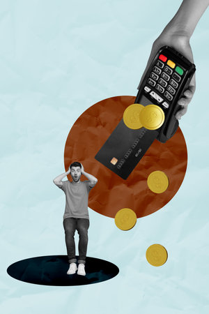 Zine vertical image photo art collage of happy businessman stand dollar money credit card deposit pay pos terminalの写真素材