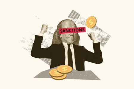 Trend artwork composite photo collage of businessman dollar head sanction inflation salary market finance earnings money coinsの写真素材