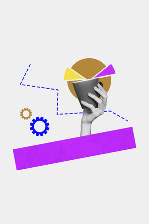 3d sketch image vertical collage of human hand show graph arrow development diagram coin money...