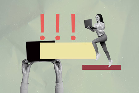 Creative full artwork collage of hands hold laptop exclamation mark notification businessman...
